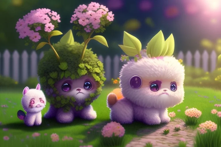 two cute fluffy chibi creatures, one kneeling and planting flowers, the other watching with arms folded in the sunshine, etherial