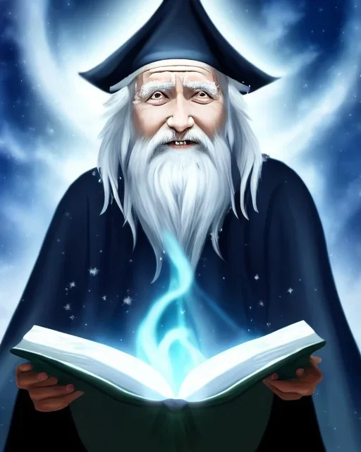 old man wizard with white reading a spellbook, long black robes, stars in the sky, fantasy, dragonlance, high detail,