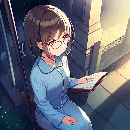 anime girl sitting on a porch swing of an old house, journaling, wearing pajamas, writing in a book, shes watching it rain, more detail on hands and her face,shes deep in her thoughts, wearing glasses, rain drops, she has a pencil in her hand and is writning in the book, she is looking down at what she is writing. eyes looking at the book