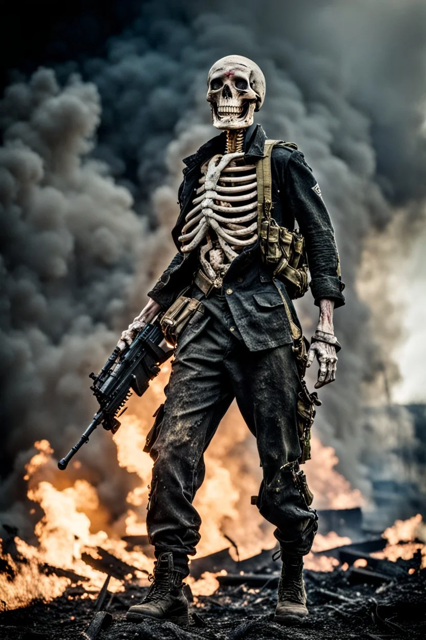 a scary looking skeleton, rising from the ashes, he was a war veteran, partially humanlike characteristics, army beret and ripped ammo wear, chaotic background, dramatic close-up action shot of him on a burned out war tanker a torpedo on shoulder -ready to fire ,gothic and chaotic background, 12k