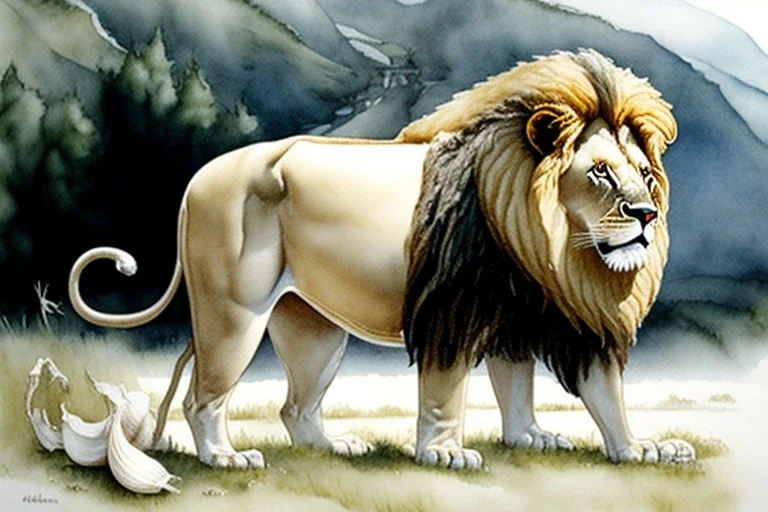 Lion with garlic and milk. Highly detailed, smooth colours, realistic landscape. Aquarell