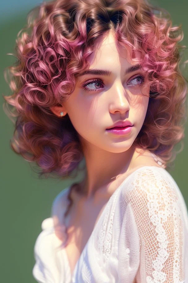 April, Summer Fashion, full body,smooth soft skin, curly hair, detailed eyes, detailed face, looking into camera, intricate, summer outfit, pink, back lighting, realistic concept art, digital painting, rich 3d render, hyper-realistic painting, cinema 4D render, art by WLOP, by Agnes Cecile, Michael Whelan