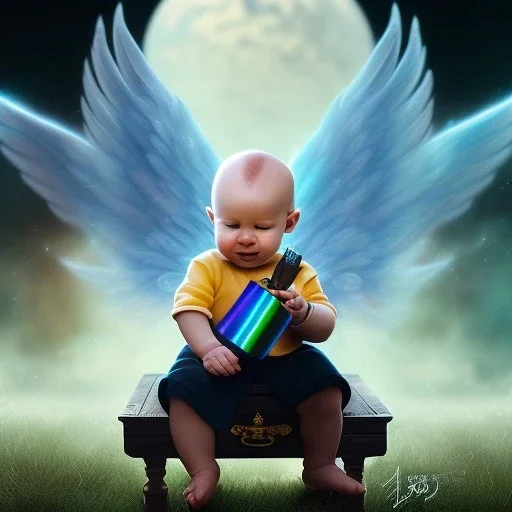 spray painting, impretionist, a happy human baby lawyer called tobias leander with no hair,halo, wings, drinking, sitting in chair, photo realistic spray painting, dark wood background