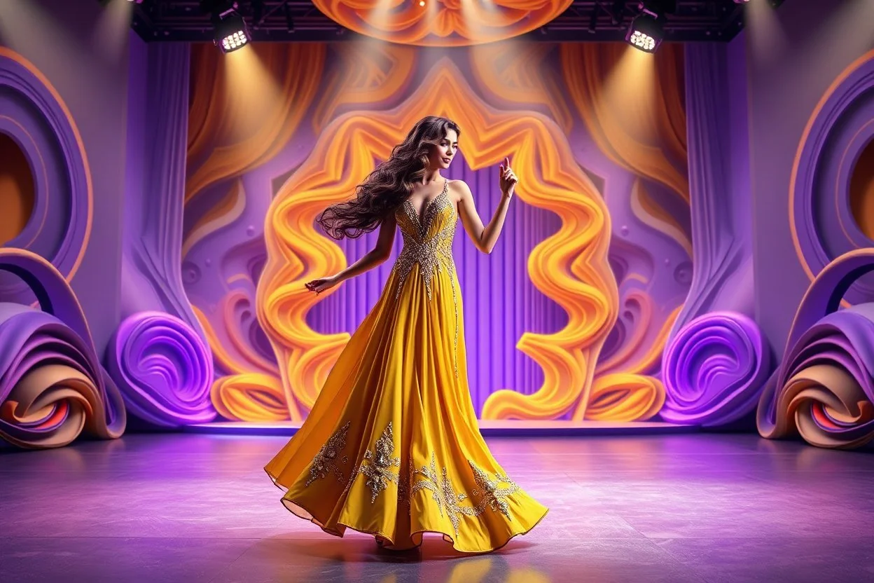 modern stage with gray-dark yellow blueish violet theme artistic decoration , color full dynamic lighting, a beautiful lady in maxi dress with shining silver jewels ,curvy long hair,dancing, 3D recursive fractal structure animating background