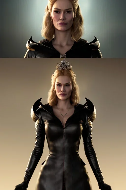 Cersei Lannister as evil queen in black leather coat, busty, cleavage, voluptuous, lena headay, angry, stern look. character design by cory loftis, fenghua zhong, ryohei hase, ismail inceoglu and ruan jia. unreal engine 5, artistic lighting, highly detailed, photorealistic, fantasy