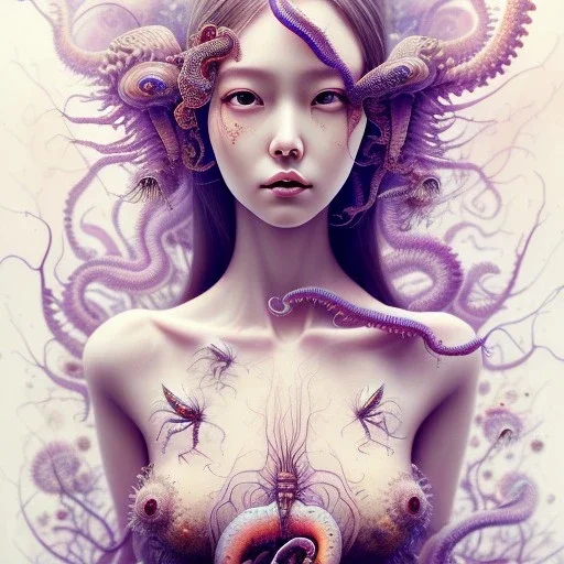 Realistic body, doll up, Asian woman, leaning pose, full body, squid, intricate detail , watercolor illustration by <agnes cecile> centipede, insects, nest, octopus, fly, squid, multiple eyes everywhere, Dryad, plants, wildflower, doll, blood, scythe, dolly,