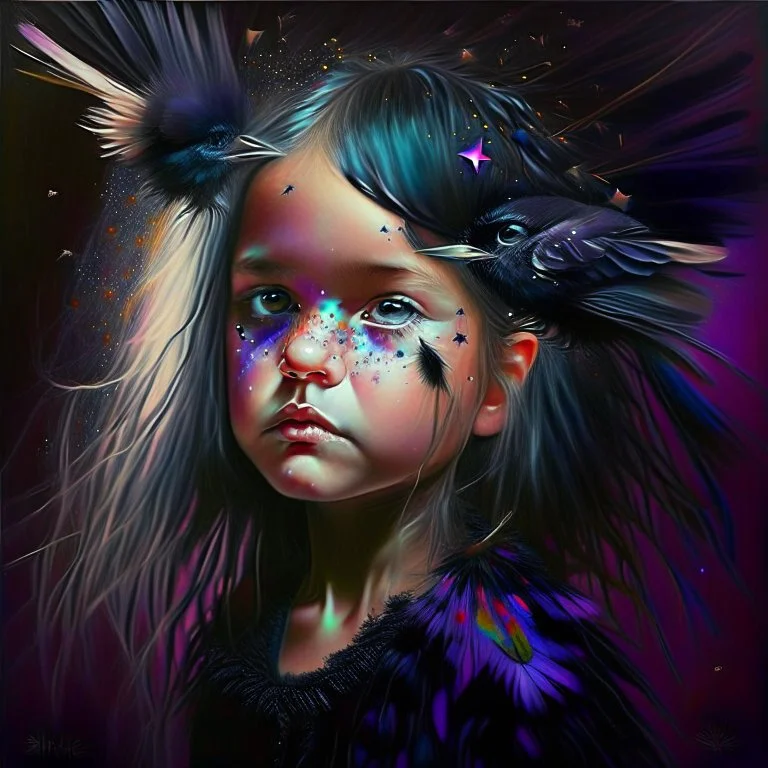 #Leonardai Starling , photorealistic ,pop surreal , lowbrow art ,enchanting portrait of a cute little girl ,representing a starling , feathers in her hair ,black and vibrant colors , sweet , magical , cosy warm light , whimsical, alluring , dazzling ,, expressive