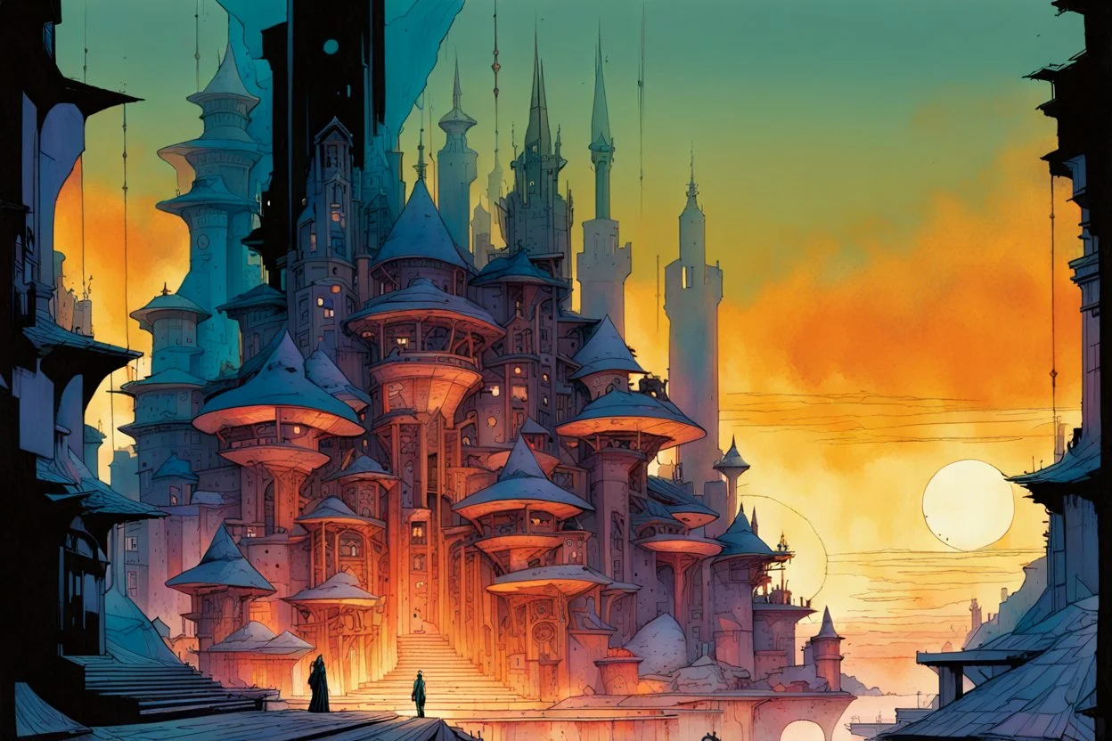 create a wildly imaginative illustration of an ethereal, otherworldly , thriving, antediluvian sorceress city, arcane magical architecture, in the comic book art style of Bill Sienkiewicz, Mike Mignola, Sparth, and Jean Giraud Moebius, finely drawn, colored and inked, suffused with dramatic natural light and shadow of sunset