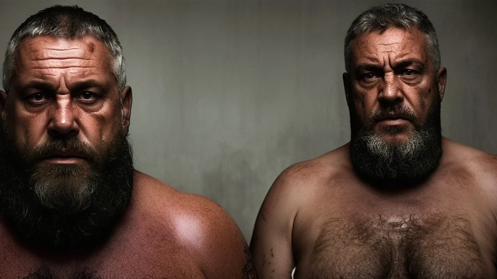 full figure shot photography of two dirty wet burly bearded wet sweaty chubby georgian prisoners angry very close, 55 years old in dirty ripped broken shorts, long beard, fight in a dark prison, dirty, ugly, bullneck, muscular, manly chest, shirtless, misery and poverty, angry eyes, big feets, photorealistic, cinematic, ultradetailed, 32k, view from the floor