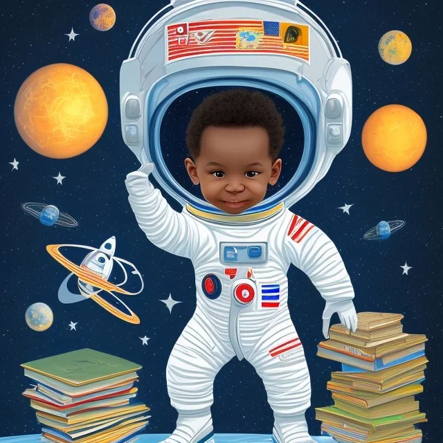 African American baby boy astronaut with books