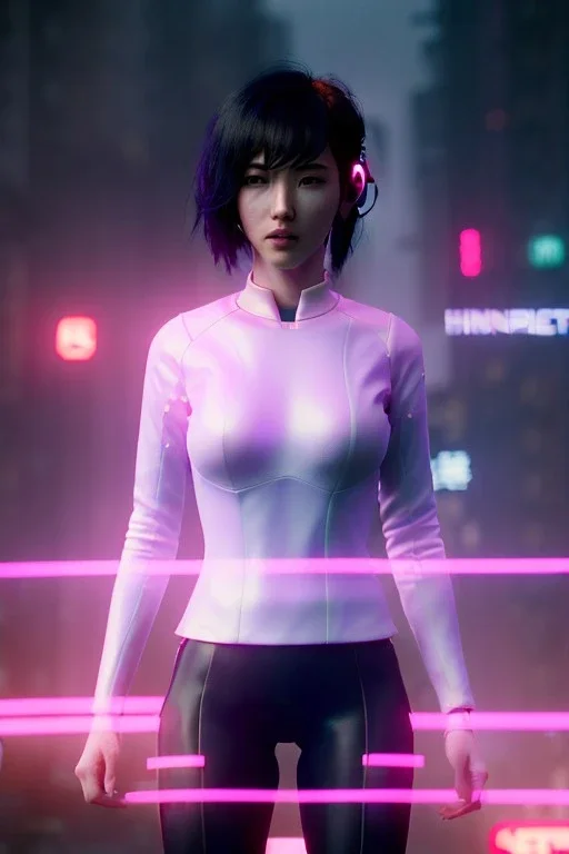 portrait, Asian cyborg woman, ghost in the shell style :: symmetry photography, cyberpunk, pink hair, makeup, long line eye, light iris, :: black samurai armor, japanese traditional pattern, wires and circuits, pink, white, black :: cinematic, Ultra realistic, dark scene, soft color, highly detailed, unreal engine 5, RTX, ultra detail, 3d, finely drawn, high definition.