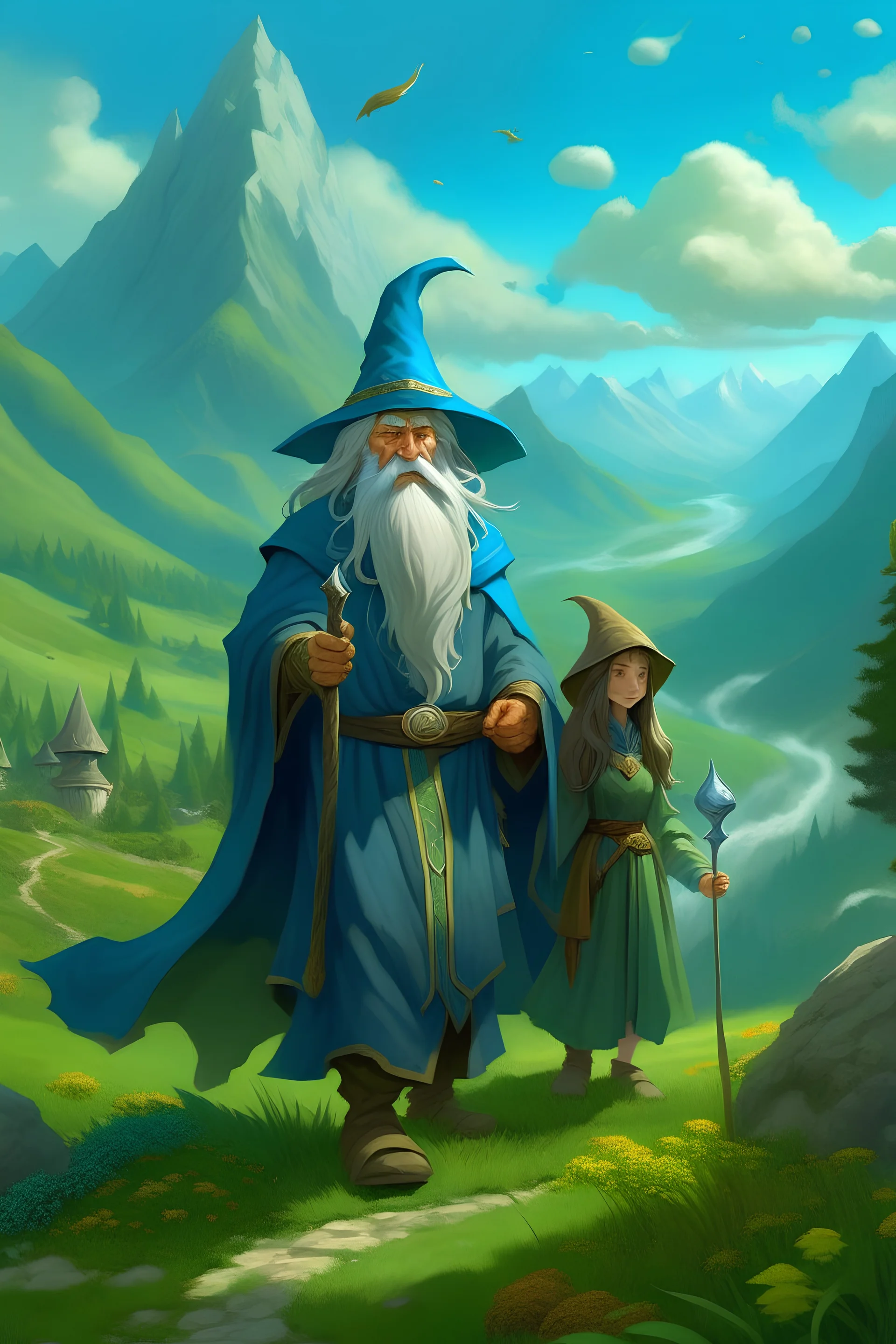 a big wizard on a magic adventure through the valley with a companion