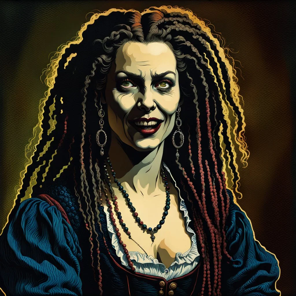 colored etching of a raggedly dressed, malevolent, predatory French female vampire , with highly detailed beaded dreadlock hair and facial features ,in the style of Rembrandt, Gian Lorenzo Bernini, Johannes Vermeer, and Ann Chernow, with a fine art aesthetic, highly detailed , realistic , 4k UHD cinegraphic quality