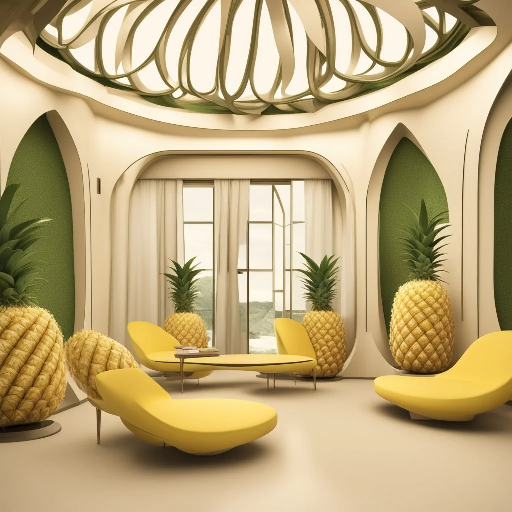 A tourist resort in the shape of a pineapple, interior design, section