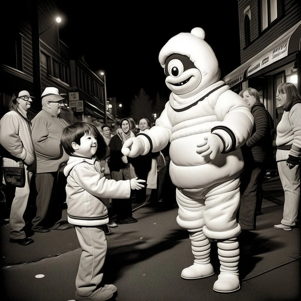 Dramatic vintage photograph, off-white mottled skinned crepey Lovecraftian marshmallow man with a bemused confused look on face shaking hands with a teen wearing a ghostbuster uniform costume on Halloween night, background is suburban street on Halloween night with trick or treaters, sinister whimsey, dynamic composition, sfumato, complex contrast, shock value image, oddball masterpiece