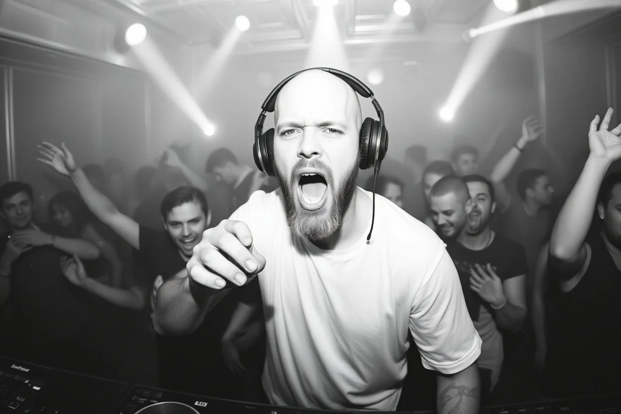 en manlig skallig och goatee (ansat skägg) DJ (med hörlurar) som sjunger nära in i kameran, väldigt exalterad, och folk som dansar våldsamt i backgrunden på ett techno disco, svartvit bild, prodigy trash style