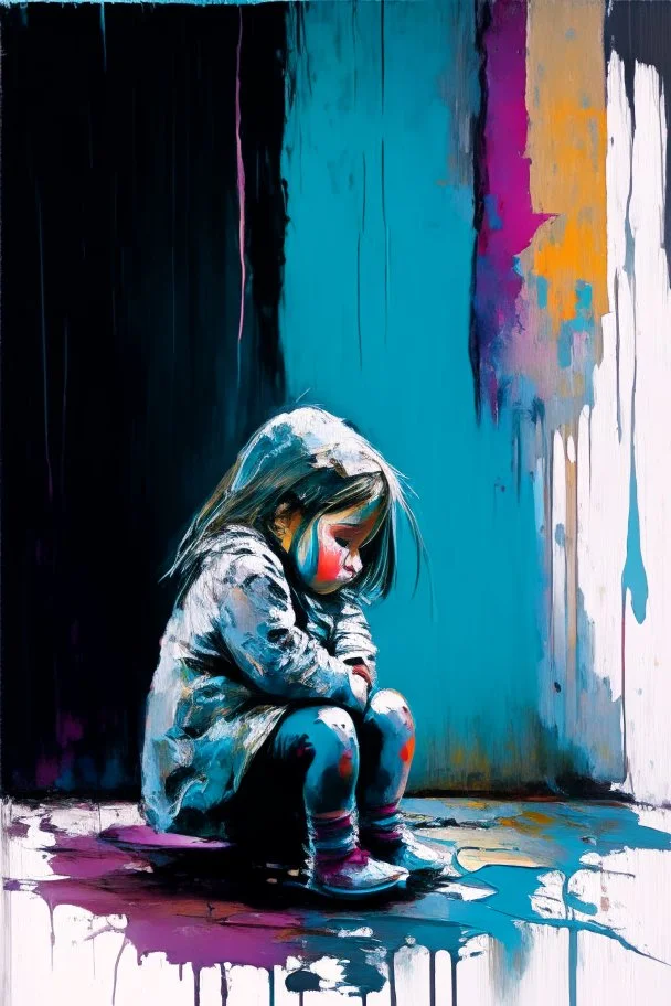 Abstract painting of a Little girl sitting in a corner with her head between her legs crying