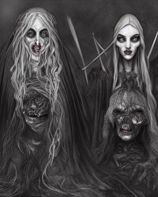 the three blind witches, portraits, Greek mythology, passing the eyeball between them, 8k resolution concept art, dynamic lighting, intricately detailed, hyperdetailed, gothic, creepy, unsettling, disfigured