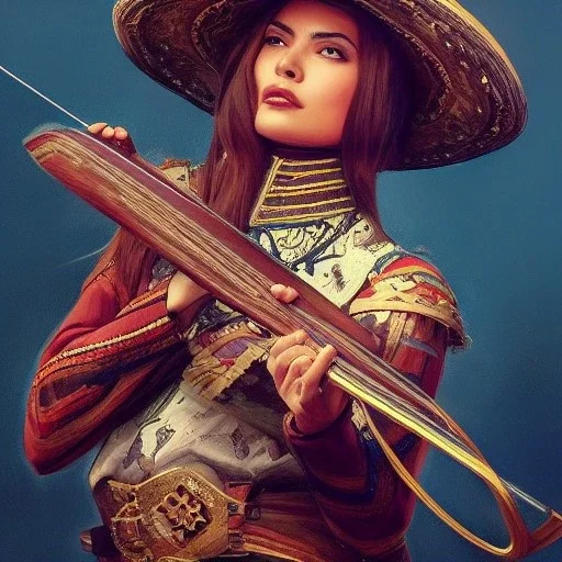 portrait,"Insanely detailed photograph of a mariachi crossbowman", charo detailed, sequenced Sombrero, detailed D20 flair, digital painting, artstation, concept art, smooth, sharp focus, illustration, art by artgerm and greg rutkowski and alphonse mucha, 8 k