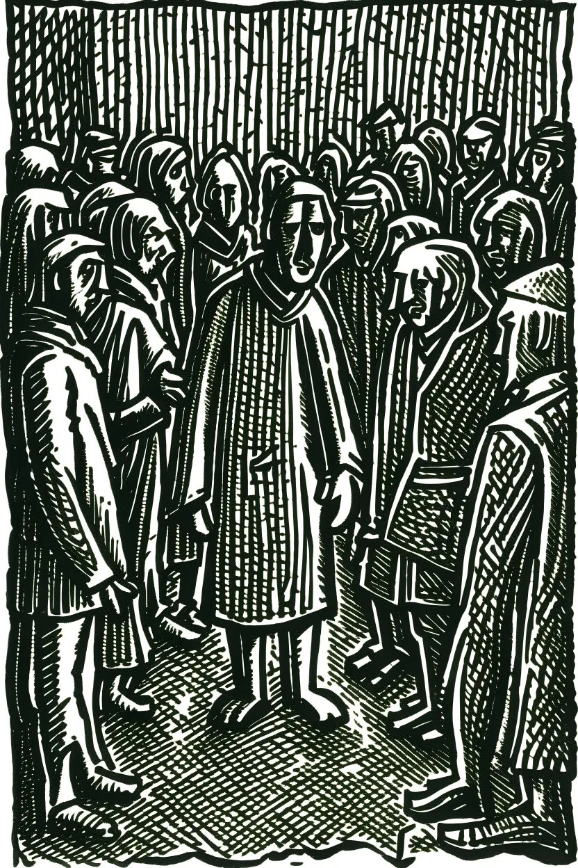 Block print anxious about meeting a crowd of strangers