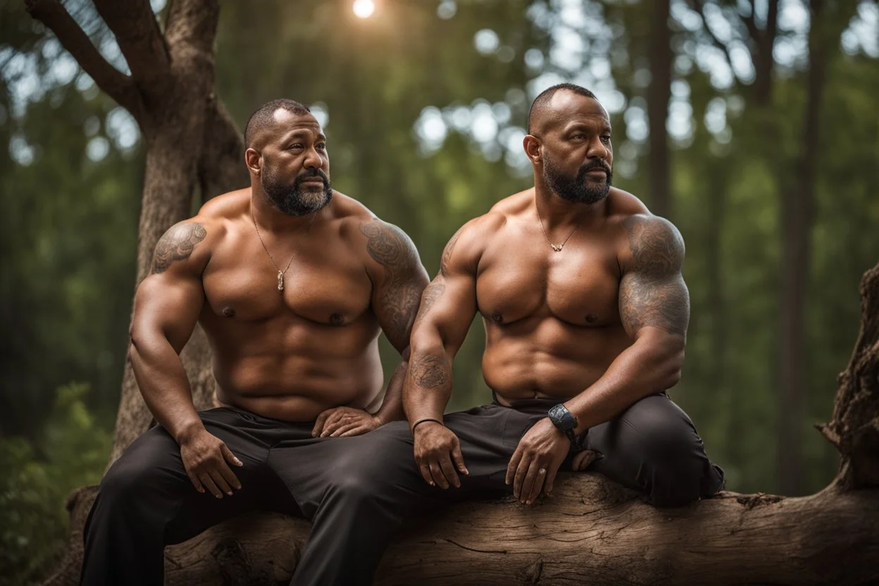 close up photography of a marocan 44 years old seated on a tree trunk in the wood, burly chubby muscular , big shoulders, manly chest, white bulging boxer, shirtless, hairy , golden hour, tatoo, 35mm lens, f/1.8, accent lighting, global illumination, frontal view from the ground