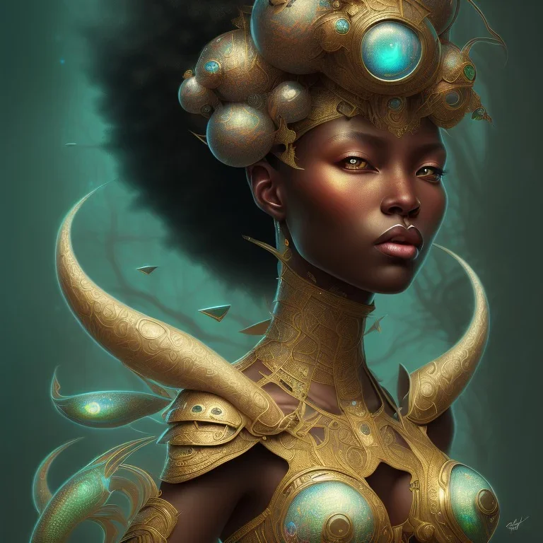 sango fantasy, fantasy magic, intricate, sharp focus, illustration, highly detailed, digital painting, concept art, matte, masterpiece head sexy view black African beauty black afro hair space lady green carp skin African space night