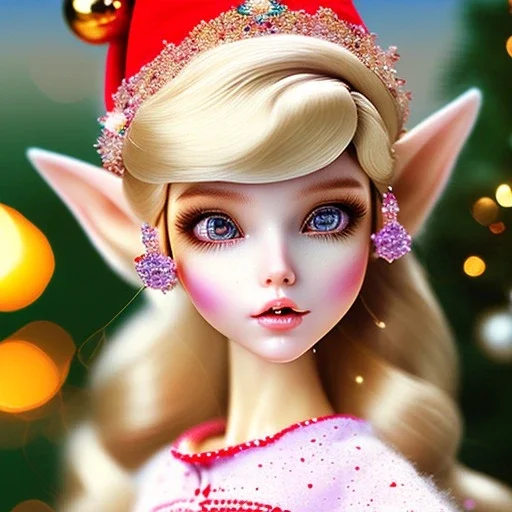 close up on elf as dollie deluxe, bright eyes, post card, toy train