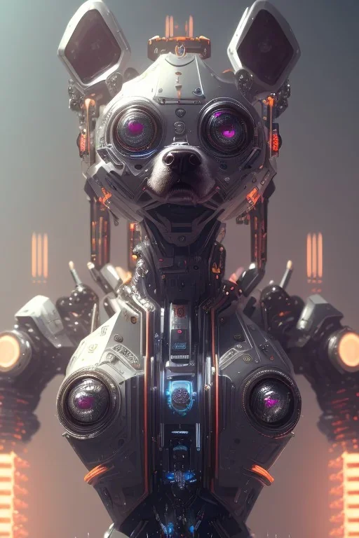 a beautiful full frame portrait digital painting of futuristic dogpunk robot, wide angle view, close-up, macro lens, centered camera, titanium accents, intricate details, small minutiae, tiny features, particulars, colorful, 8k, least ambient occlusion, volumetric lighting, volumetric clouds