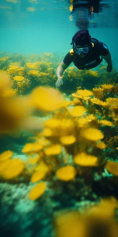 Fenasi Kerim underwater with yellow flowers for hair, closed eyes, rtx, reflection, 8k, glow, winning photography, caustics