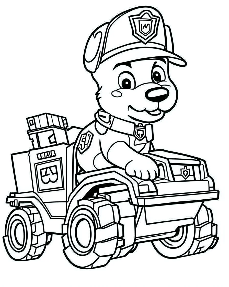 outline art for Paw Patrol Marshall With Fire Truck coloring page, Japanese manga style, cartoon style, cute face, white background sketch style, full body is a must, only use outline, clean line art, no shadow, bold outline