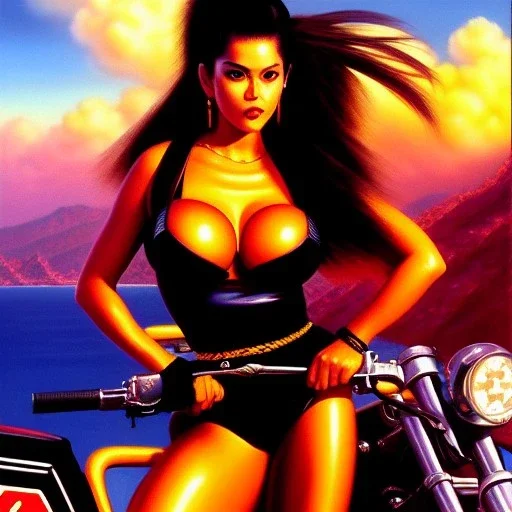 portrait of busty beautiful 'Female Rider on Akira Bike(1988)',painting by Earl Norem, simon Bisley, evan lee, 86-86, oil on canvas, cinematic composition, extreme detail,fit full head inside picture,8k