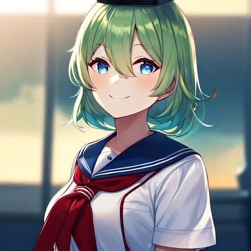 Clear focus, High resolution, short light green hair, blue eyes, wearing a sailor uniform, red tie, wearing a sailor skirt, eyes closed, smiling, 1girl, spiky hair, not alot of hair on the side of her head