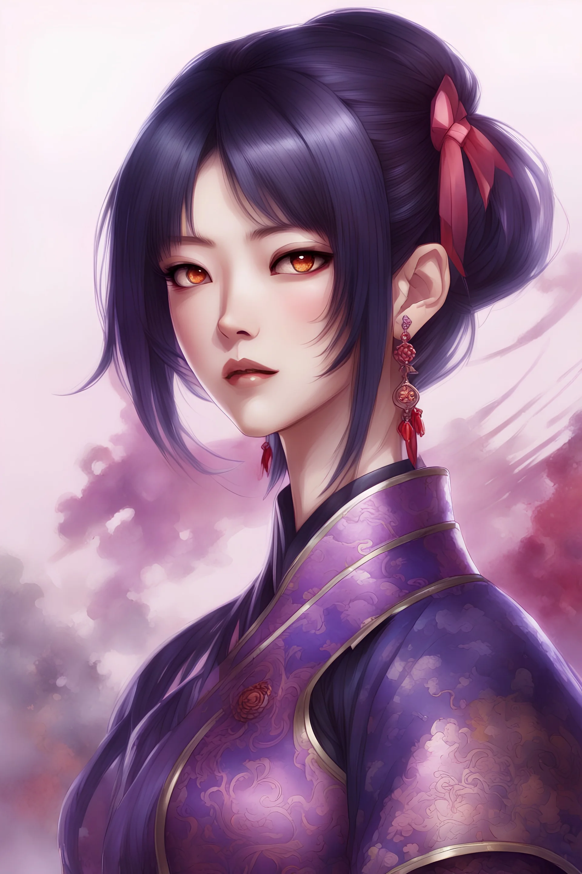 Anime Art, Mature woman, black hair with purple highlights, xiaohongshu hair style, Violet Qipao armor with pattern, honmeet, dark pink hair ribbon, SFW, Wuxia background, aggressive, small mole on face, shoulder guard, earrings, red eyeliner and lips, red hair streak