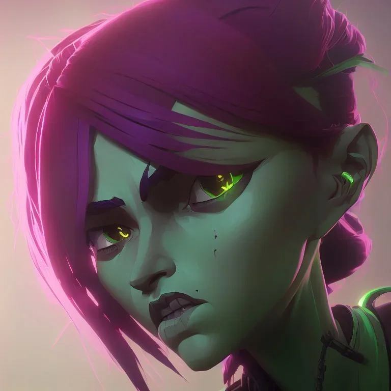 A beautiful portrait of a cute cyberpunk woman single head lime green color scheme, high key lighting, volumetric light high details with a lizard alien and feathers