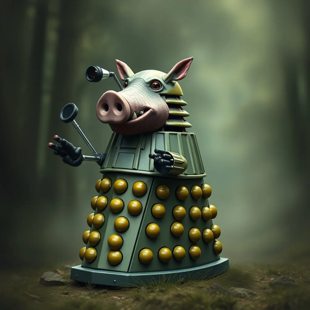 a Dalek in a rubber boar waving for help