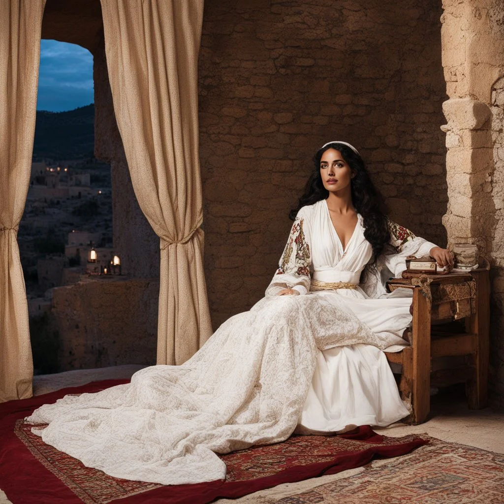 Maria Magdalena in agent provocateur sitting on the edge of her bed in Bethlehem during Jesus' era: tapestry and poetries