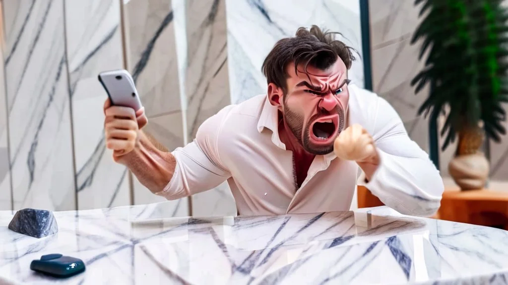 angry guy on phone at marble tabletop pointing at missing delivery