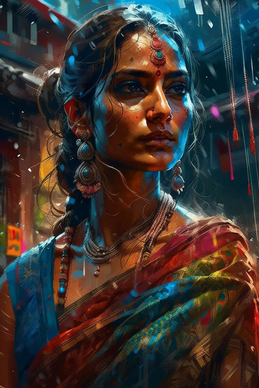 An indian beautiful supermodel in saree, rain, dawn, by Greg Rutkowski and Russ Mills, head and shoulders portrait, 8k resolution concept art portrait by Greg Rutkowski, Artgerm, WLOP, Alphonse Mucha dynamic lighting hyperdetailed intricately detailed Splash art trending on Artstation triadic colors Unreal Engine 5 volumetric lighting