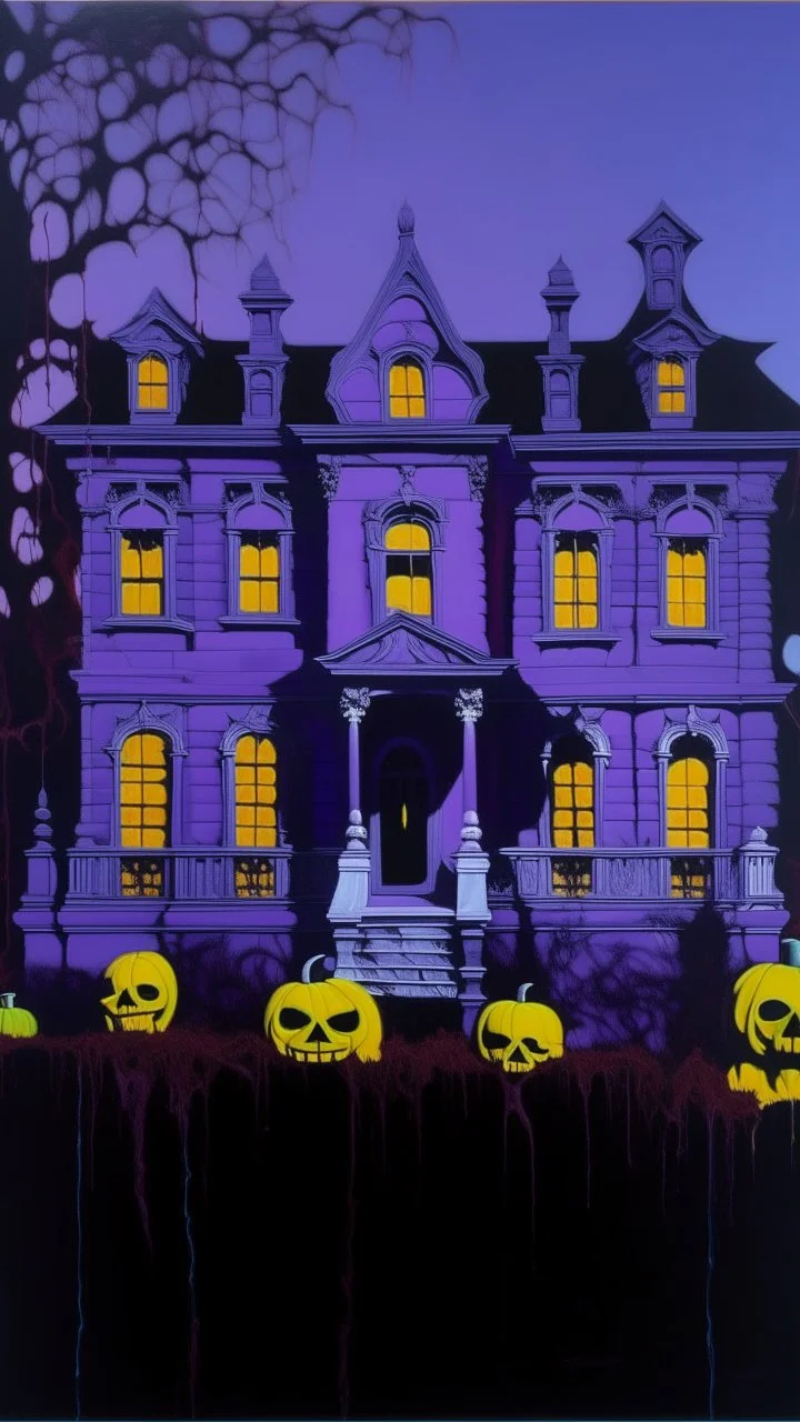 A purple haunted mansion with ghosts and Jack-o-lanterns painted by Andy Warhol