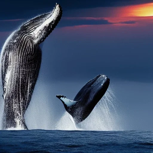 photograph of beautiful humpback whale jumping out of turbulent ocean water, stunning, magnificant, sunset sky, 8k resolution, high-quality, fine-detail, detailed matte, photography, illustration, digital art, Jeanloup Sieff, Marc Adamus, Ann Prochilo, Romain Veillon, George Grie, Anne Dittman, Anne Stokes, Lisa Parker, Selina French