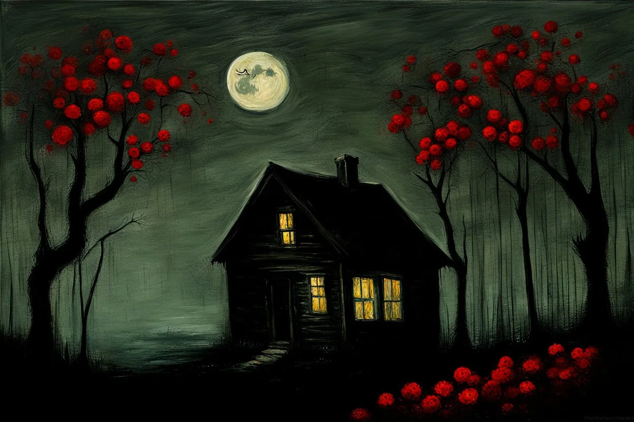 Creepy trees, creepy night, moon, cabin, red flowers, horror, philip wilson steer impresionism painting