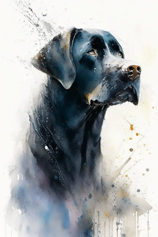 A portrait of black Labrador by Willem Haenraets, watercolor, wet on wet and splattering techniques, centered, perfect composition, abstraction, surrealism