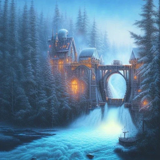 spray painted fantasy art, book illustration, close up on big wolf wizard,the stairs of a bridge or dam in magical forest,icy water, on the bridge,evening, birds eye view