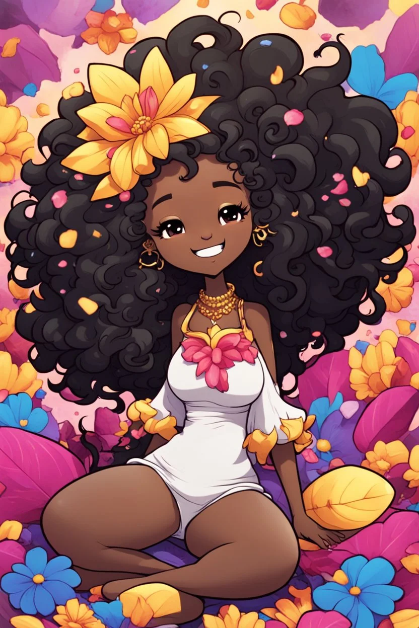 A sassy thick-lined comic style cartoon black chibi girl lounging lazily on her side, surrounded by colorful flower petals. She has a golden lion tail curling playfully behind her curvy body. Looking up coyly, she grins widely, showing teeth. Her poofy hair forms a mane framing her confident, regal expression.