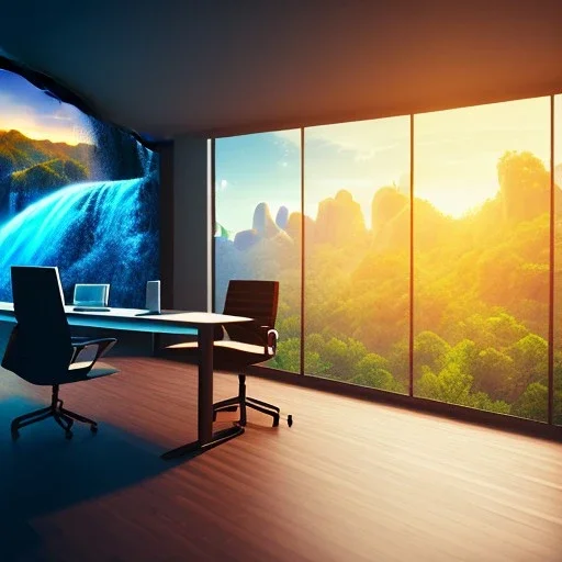 desk, parquet, sheet of paper, little pen, person seat on chair in white shirt in front of a huge picture window with large view on a waterfall with warm light, sunset ,pixar style, panorama, nature, globe, HD, Hallelujah mountains