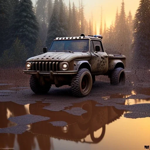 stylized hyperrealistic shot, muddy aggressive military toy truck, monotone color palette, sharp focus, puddle reflection, tire water splash, refraction, sunset, rocky terrain with huge boulders, detailed and intricate, cinematic composition, micro, tilt shift photography, unreal engine 5, octane render, 8k, cinematic lighting