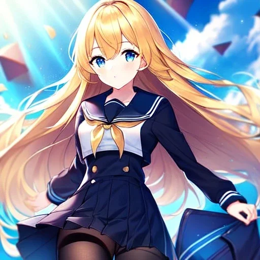 girl, masterpiece, best quality, volumetric lighting, detailed outfit, perfect eyes, long hair, golden hair, blue eyes, black stockings, school outfit,