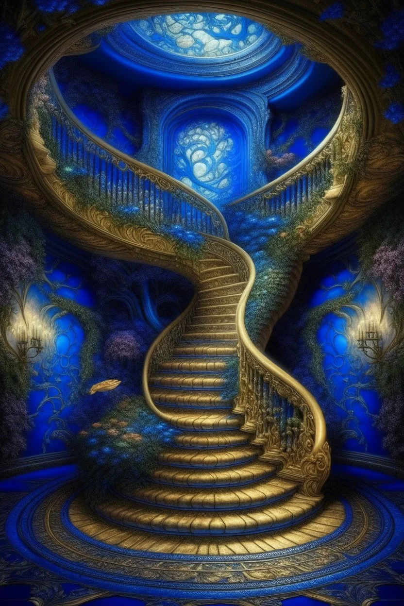 77. Staircase around a mighty tree spiral staircase of lapis lazuli to heaven, Baroque, epoxy sola, covered with flowers, Empire style, Gothic, botanical fantasy, deep drawing, full detail, bright colors, pearls, opal, bottom view, fabulously, incredibly beautiful, colored plaster, powder explosion, colored splashes, hyperrealistic, high resolution, professional photo, fashion magazine