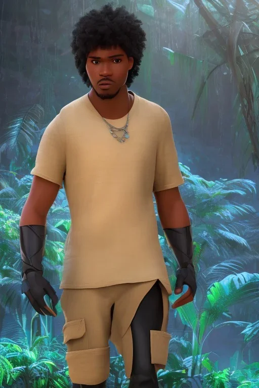 3D render of a cyberpunk tribal young black man, black hair and goatee, on a dark blue jungle background, digital art