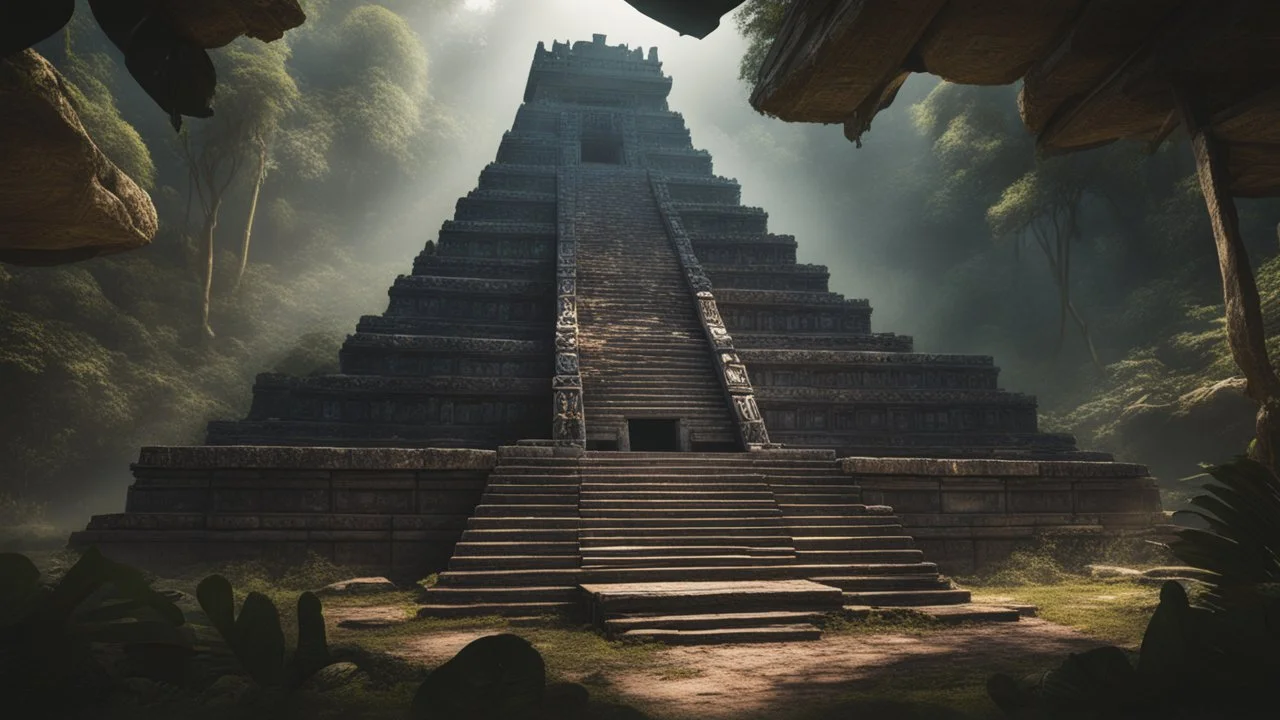 A forgotten mayan tempel in the wilderness. Perfect symmetry, cinematic lighting, hyper realisme, Hyperrealistic, splash art, concept art, mid shot, intricately detailed, color depth, dramatic, 2/3 face angle, side light, colorful background